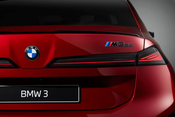Close-up of the new BMW M350 3 Series rear badge and taillights. Photo: BMW Group.