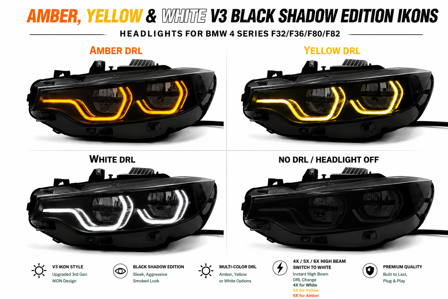 Black Shadow IKON V3 Headlights TriColour Switchable DRLs BMW F80 F82 F83 F32 F33 F36
