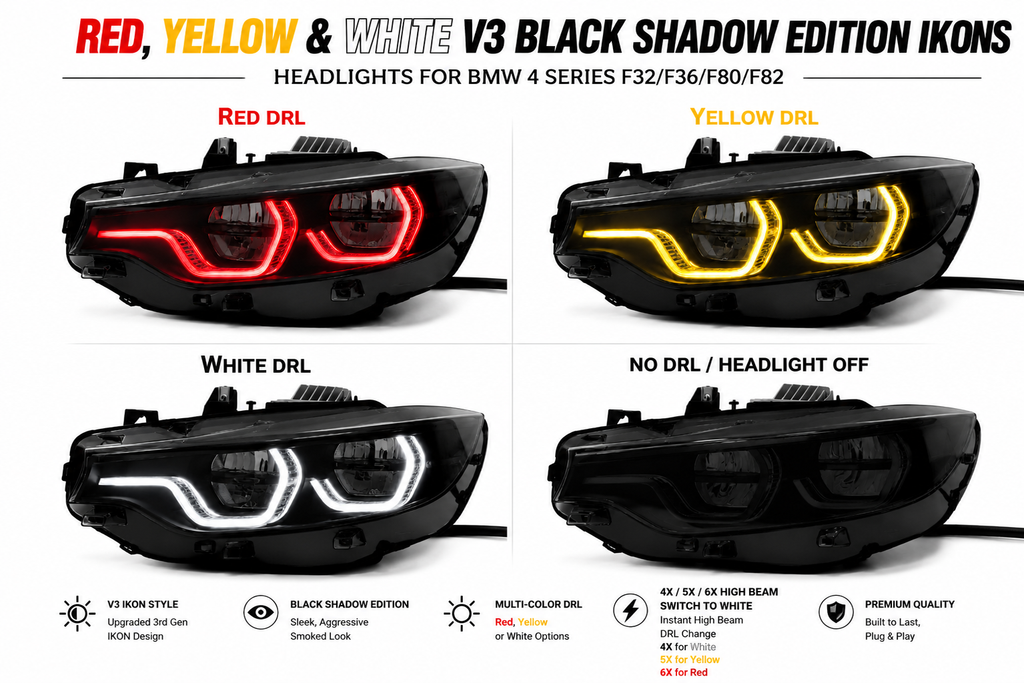 Black Shadow IKON V3 Headlights TriColour Switchable DRLs BMW F80 F82 F83 F32 F33 F36
