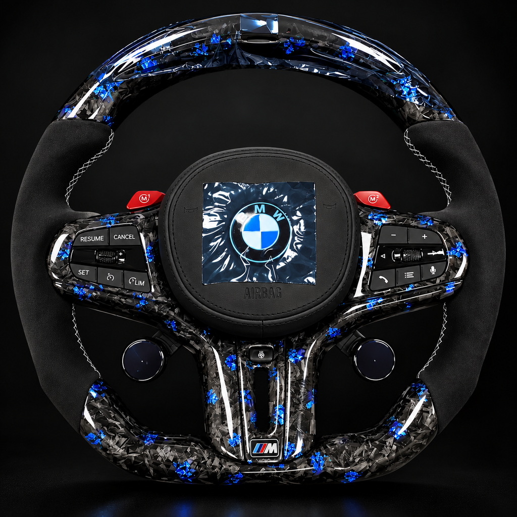 Forged carbon BMW M steering wheel with red M1 M2 buttons and Alcantara grips