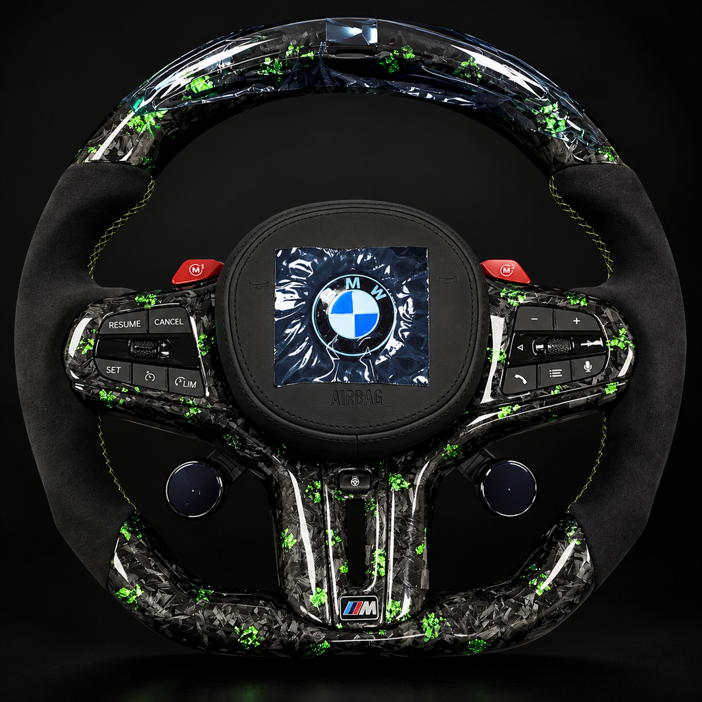 Green flake forged carbon detail on BMW G80 M3 custom steering wheel