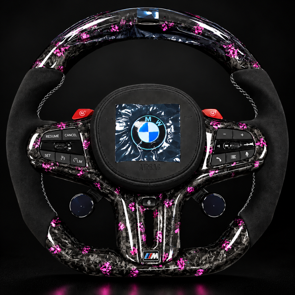 Lime-yellow cross stitching on Alcantara grip of BMW G Series M steering wheel