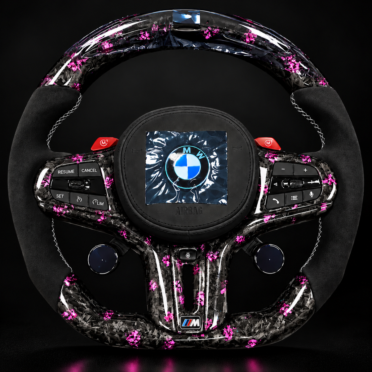 Lime-yellow cross stitching on Alcantara grip of BMW G Series M steering wheel