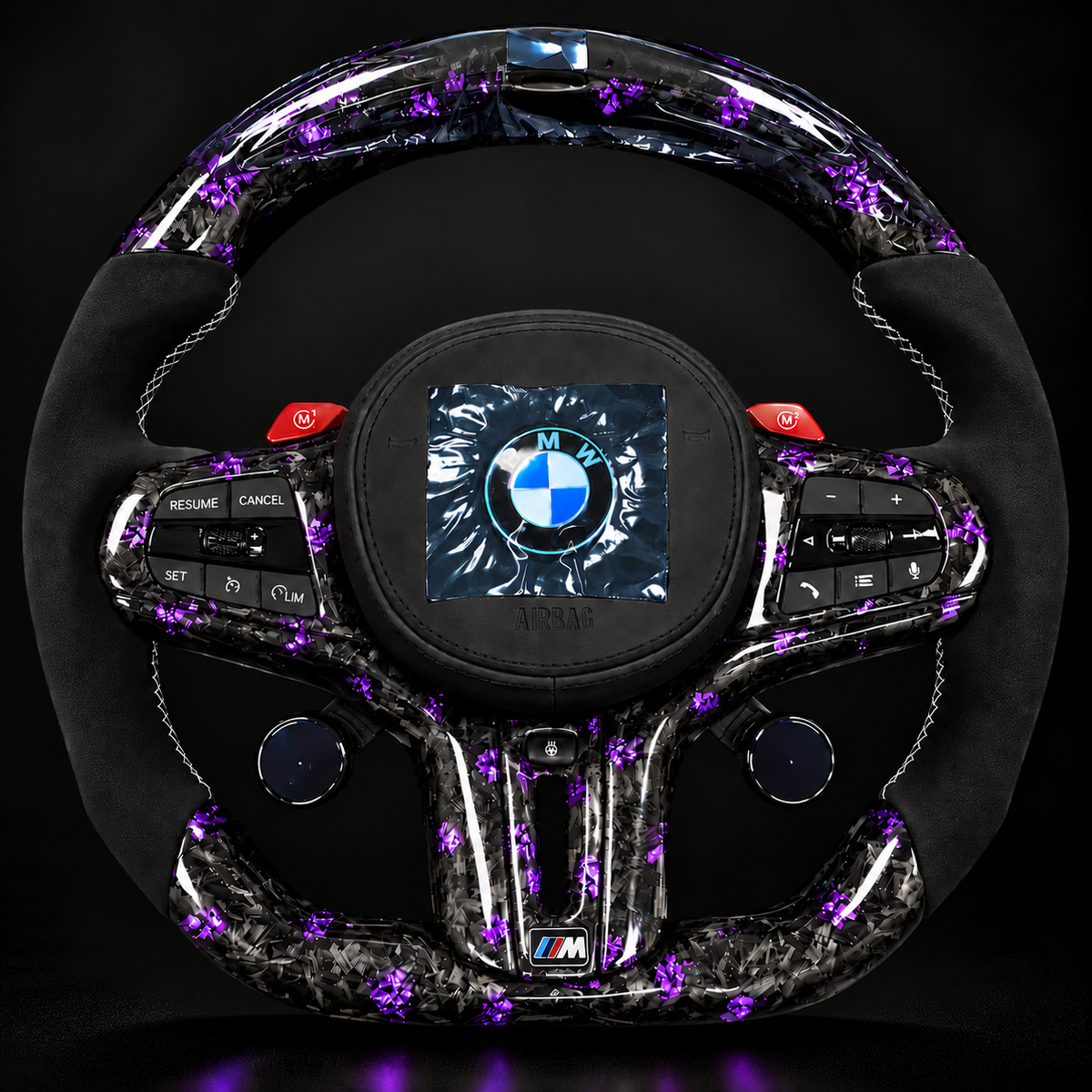 Side profile of forged carbon BMW G Series M steering wheel flat bottom rim