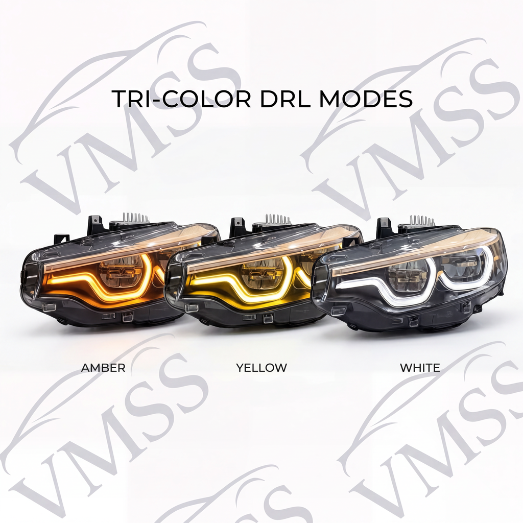 Individual Champagne Gold Icon V3 - Limited Edition BMW IKON Headlights | Switchable On-The-Fly Tri-Colour Amber, Yellow & White DRL | F80 F82 F83 F32 F33 F36