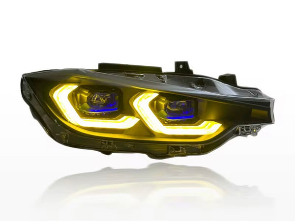 Laser Style V2 LED Headlights – BMW F30 F31 3 Series (2012–2019) – Amber, Yellow & White Switchable DRL — Yellow