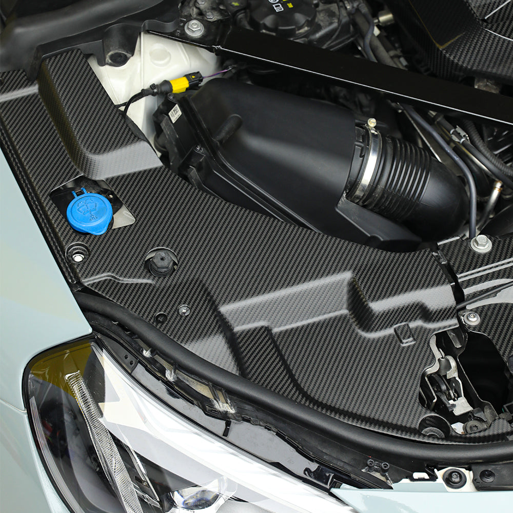BMW M2 G87 carbon fibre engine bay trim - installed view