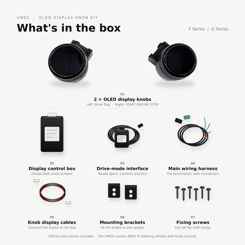 What's in the box: 2 OLED display knobs, display control box, drive-mode interface, main wiring harness, knob display cables, mounting brackets and fixing screws