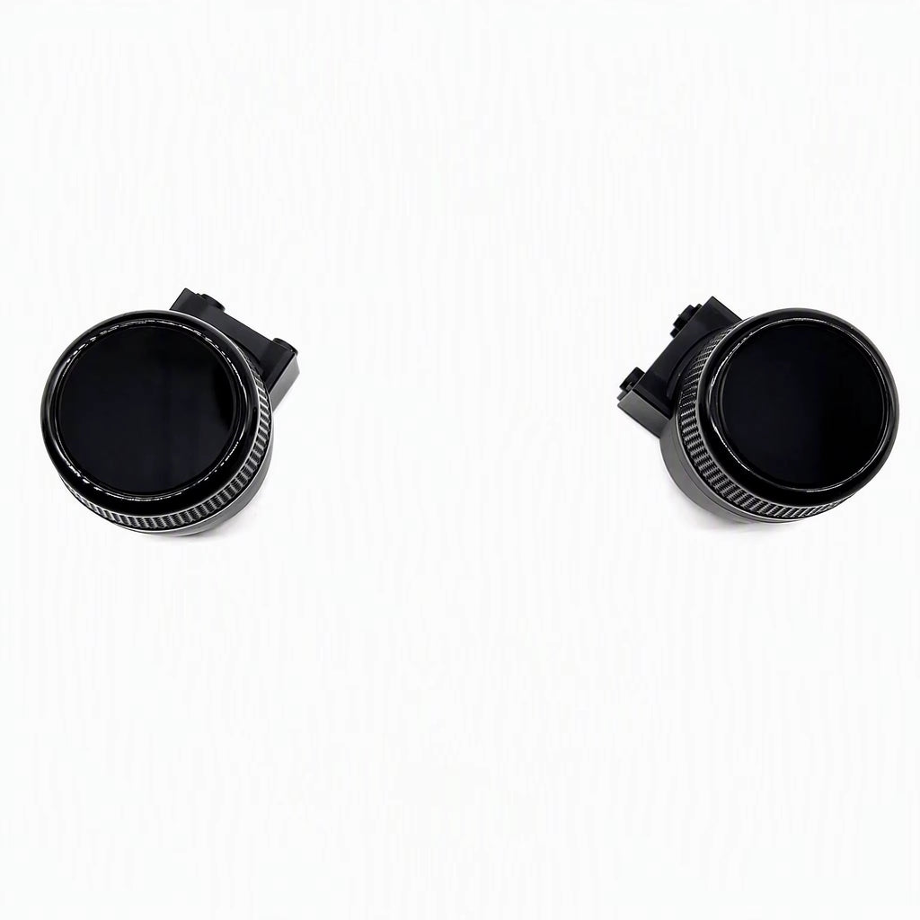 Pair of OLED display knobs with carbon-pattern knurled rings