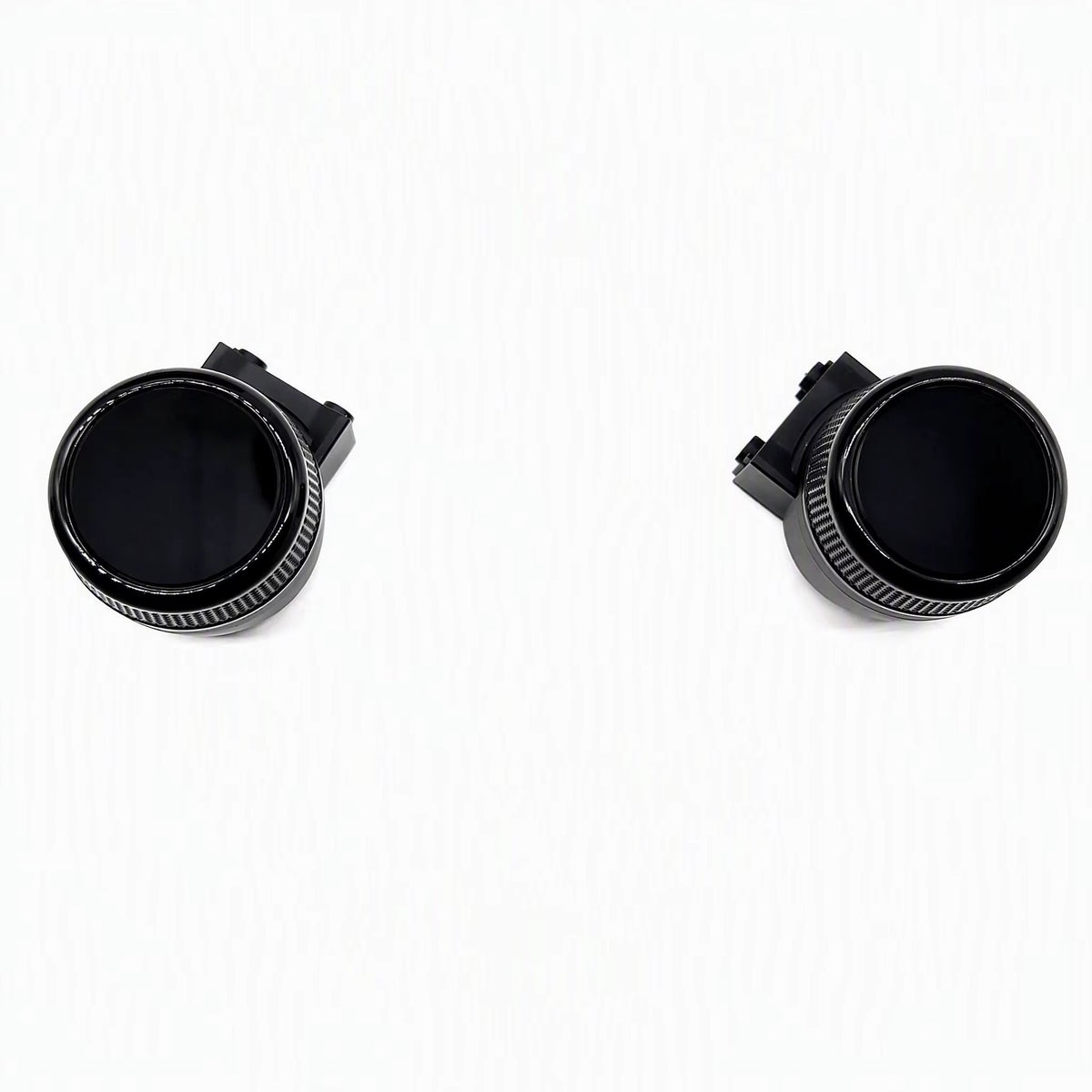 Pair of OLED display knobs with carbon-pattern knurled rings