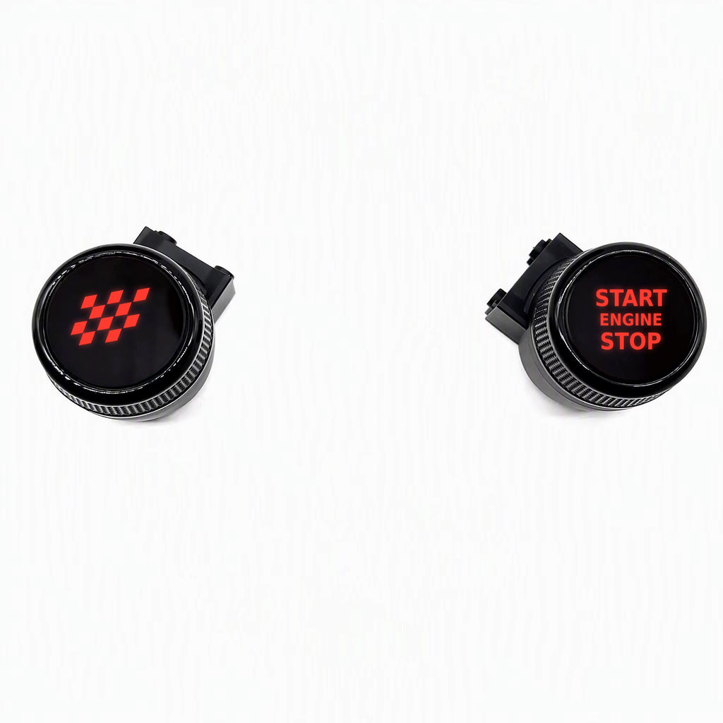 OLED knobs in Sport mode: red chequered flag and START ENGINE STOP