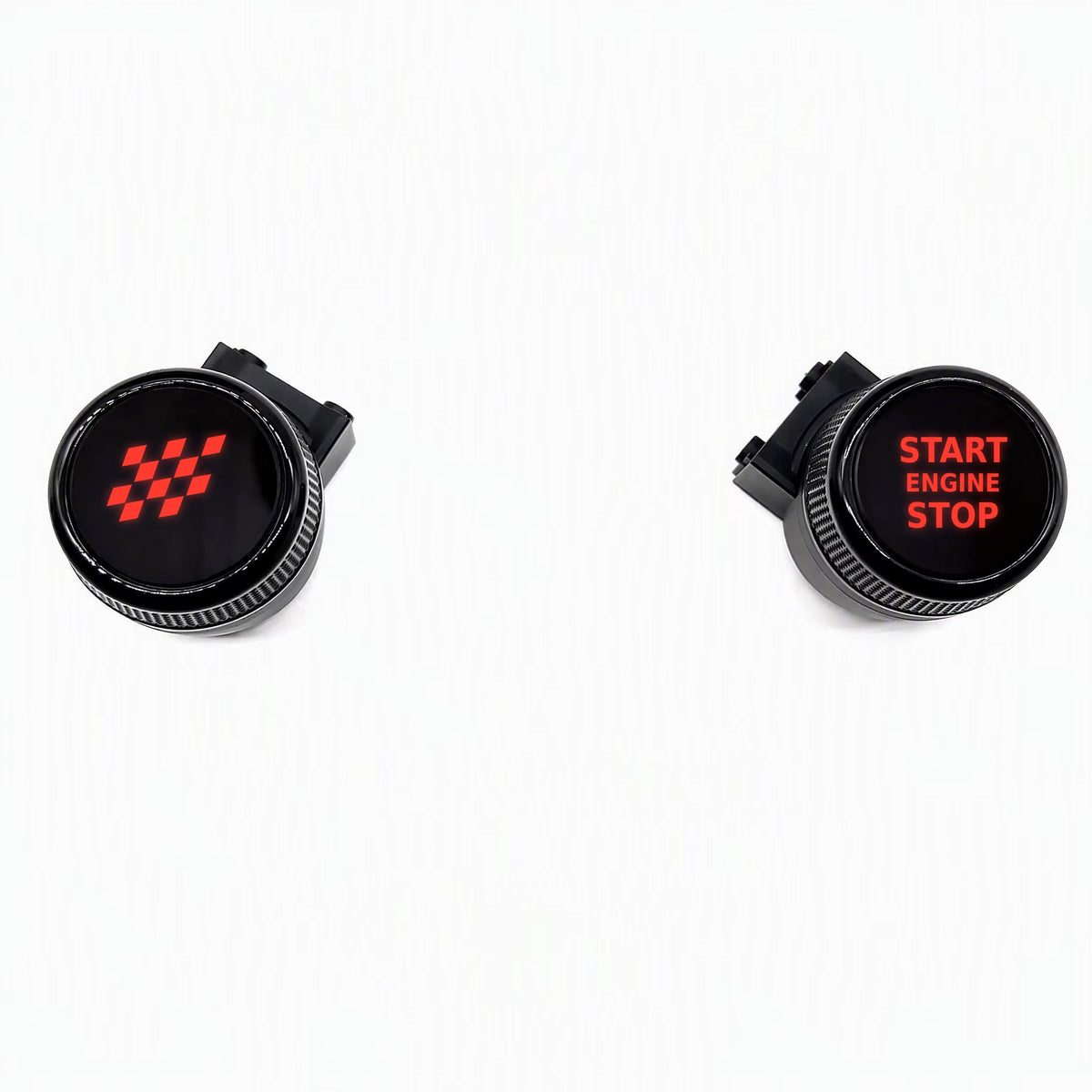 OLED knobs in Sport mode: red chequered flag and START ENGINE STOP