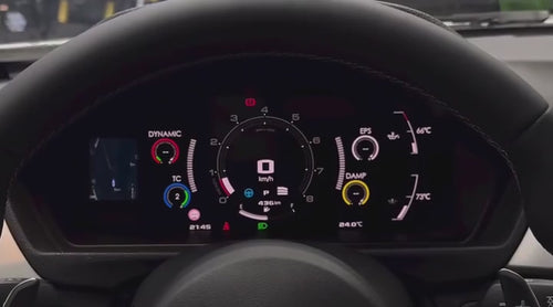 Digital dash in-car demonstration: navigation and Performance view, Race Grid, and M-style layout. Original-speed manufacturer footage, 21 seconds.