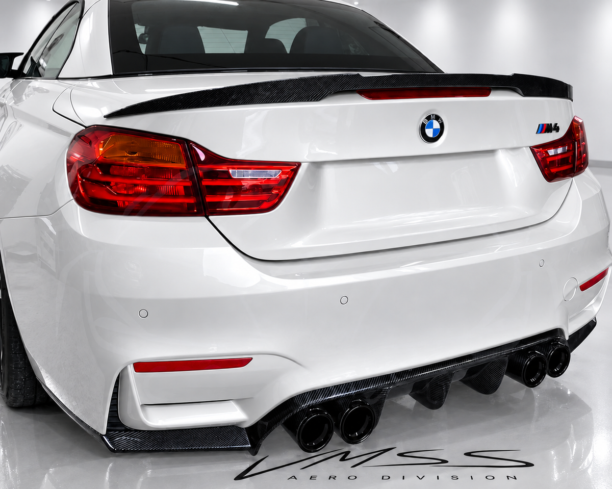 BMW M4 Wet Carbon Fibre Rear Spoiler F83 – V Style — real fitted-car reference, white paint and VMSS Aero studio edit