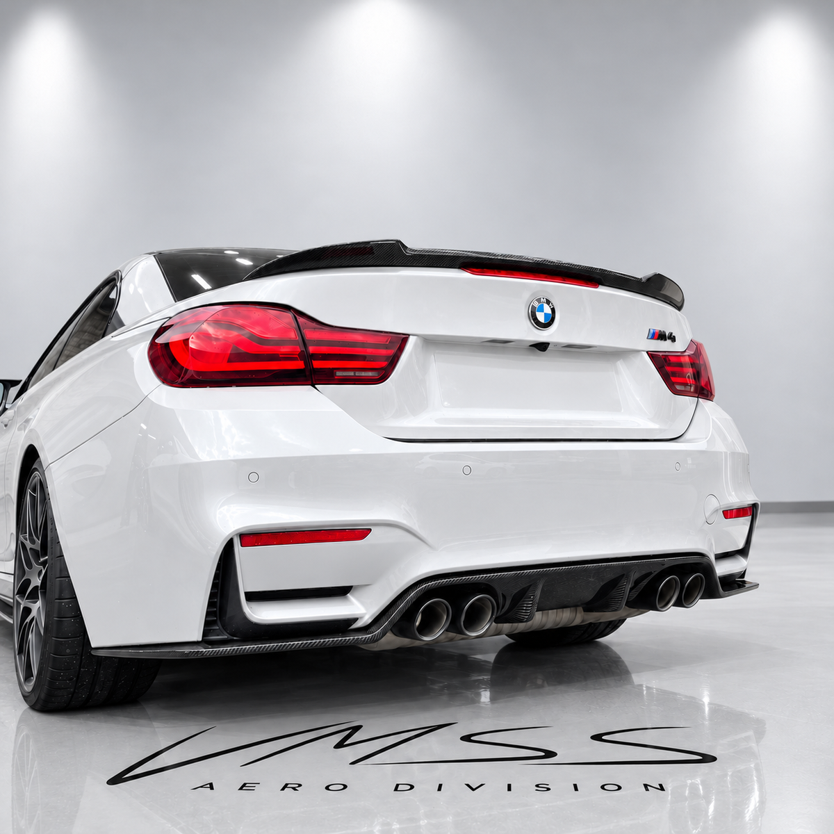BMW M4 Wet Carbon Fibre Rear Spoiler F83 – CS Style — real fitted-car reference, white paint and VMSS Aero studio edit