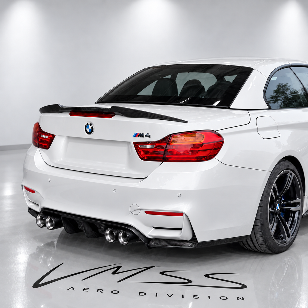BMW M4 Wet Carbon Fibre Rear Spoiler F83 – M Performance Style — real fitted-car reference with white paint and VMSS studio edit