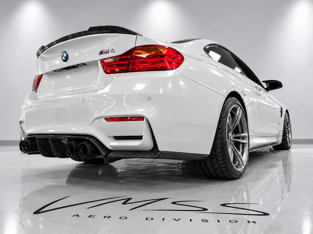 BMW M4 Wet Carbon Fibre Rear Spoiler F82 – CS Style — real fitted-car reference, white paint and VMSS studio edit