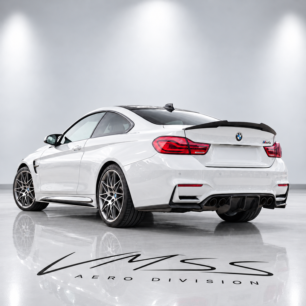 BMW M4 Wet Carbon Fibre Rear Spoiler F82 – V Style — real fitted-car reference, white paint and VMSS studio edit