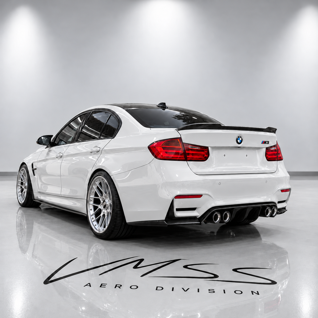 BMW M3 Wet Carbon Fibre Rear Spoiler F80 – OEM+ Style — real fitted-car reference, white paint and VMSS studio edit