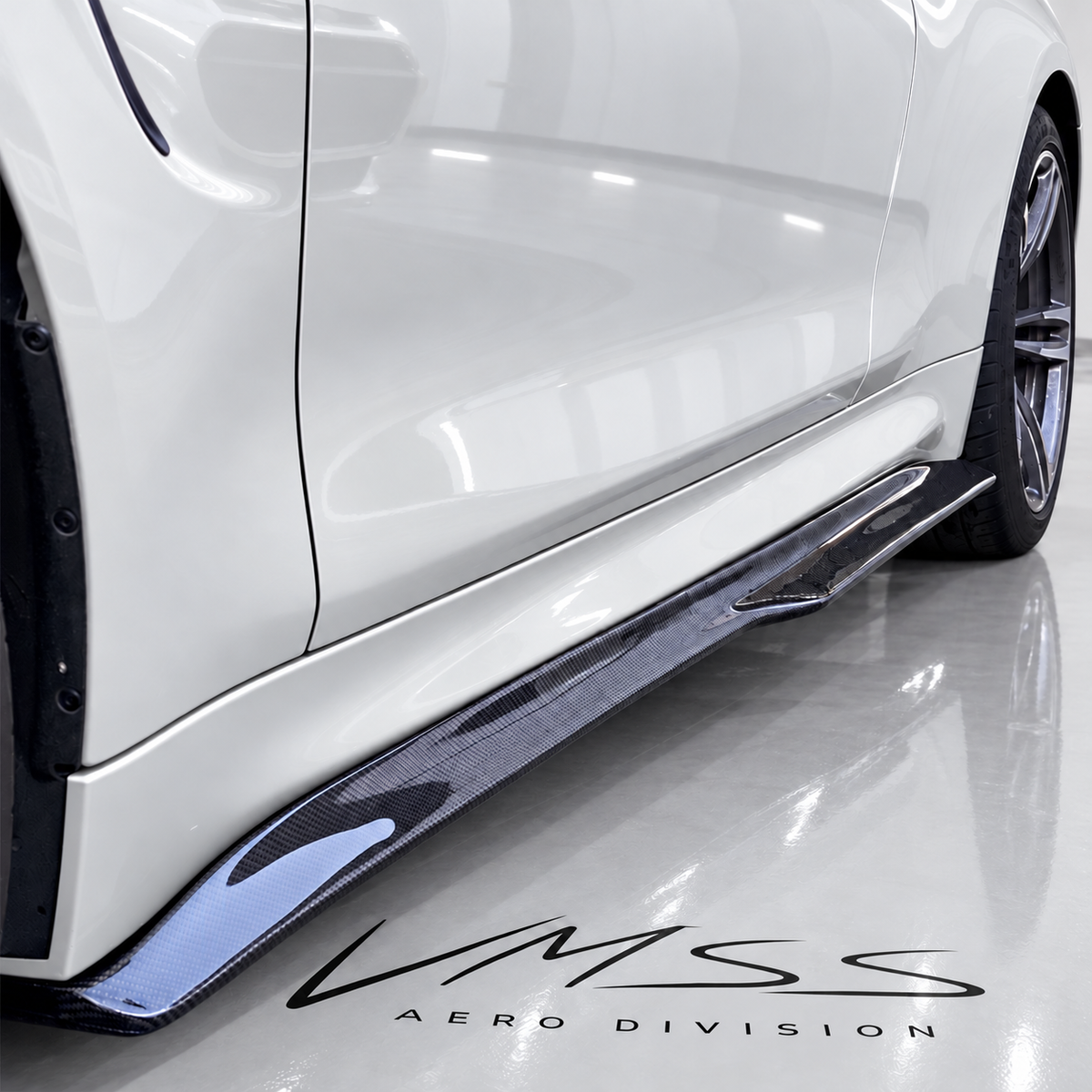 BMW M3 Wet Carbon Fibre Side Skirt Extensions F80 – PSM Style — real fitted-car reference, white paint and VMSS studio edit