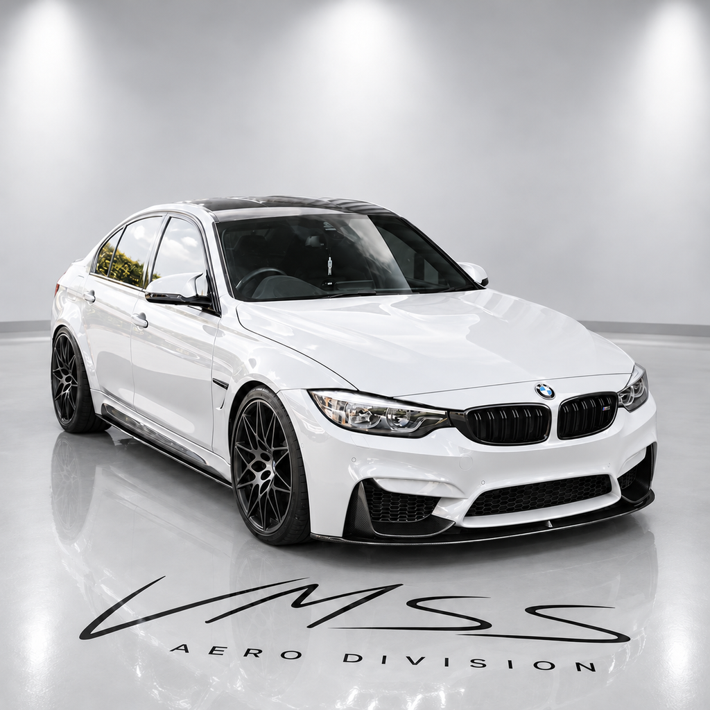 BMW M3 Wet Carbon Fibre Side Skirt Extensions F80 – M Performance Style — real fitted-car reference, white paint and VMSS studio edit