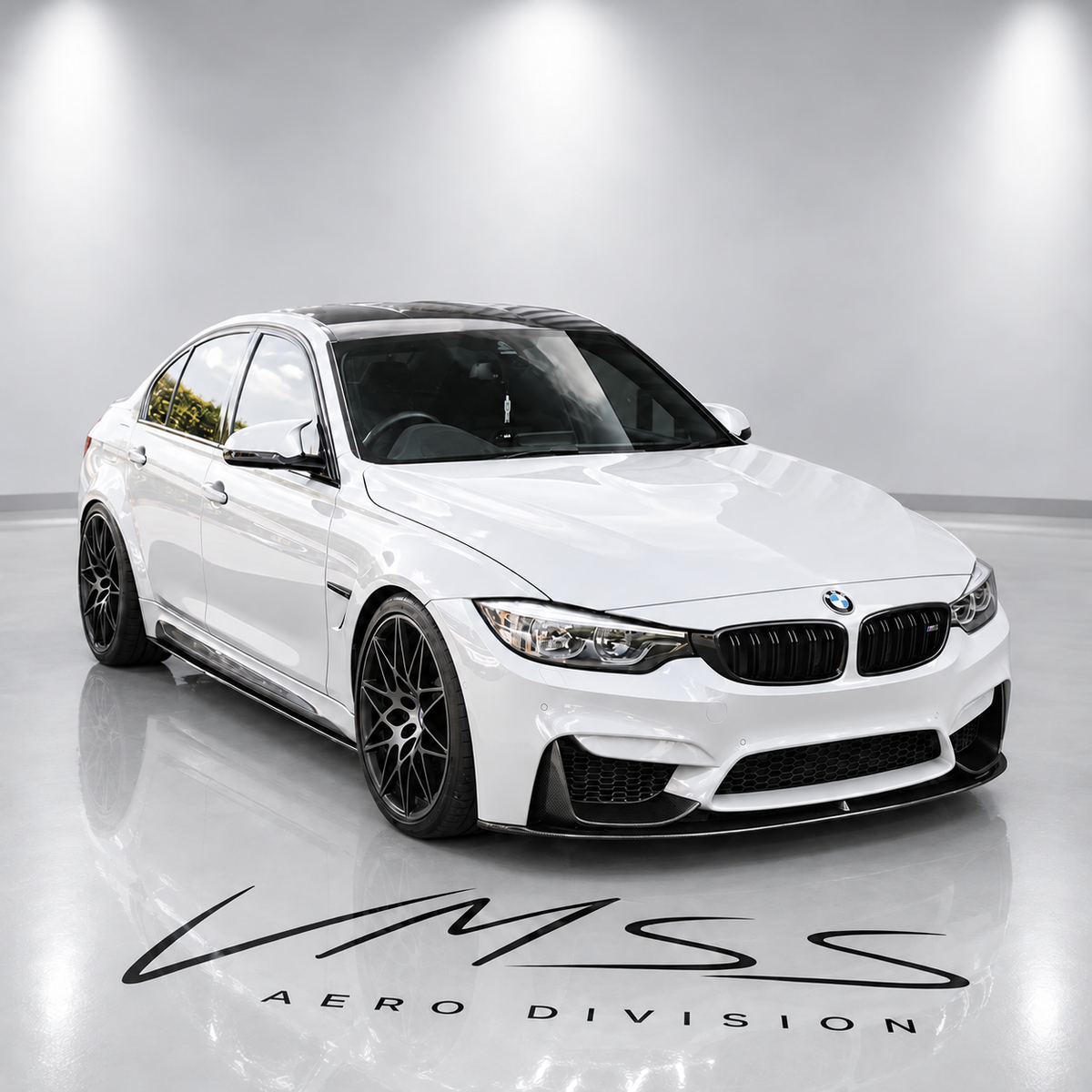 BMW M3 Wet Carbon Fibre Side Skirt Extensions F80 – M Performance Style — real fitted-car reference, white paint and VMSS studio edit