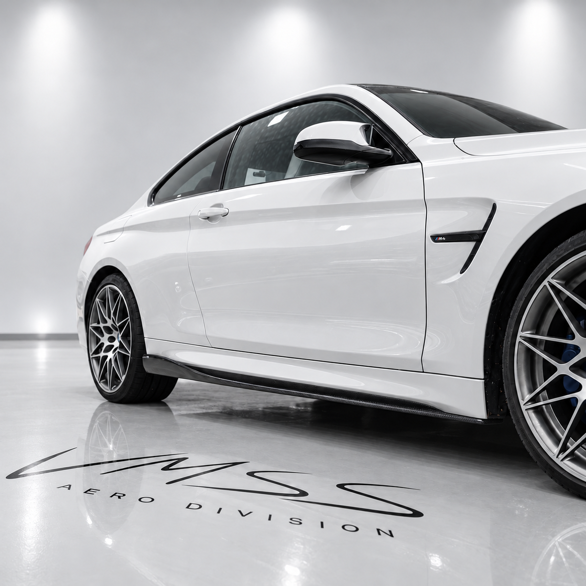 BMW M3 M4 Wet Carbon Fibre Side Skirt Extensions F80 F82 F83 – 3D Style — real fitted-car reference, white paint and VMSS studio edit