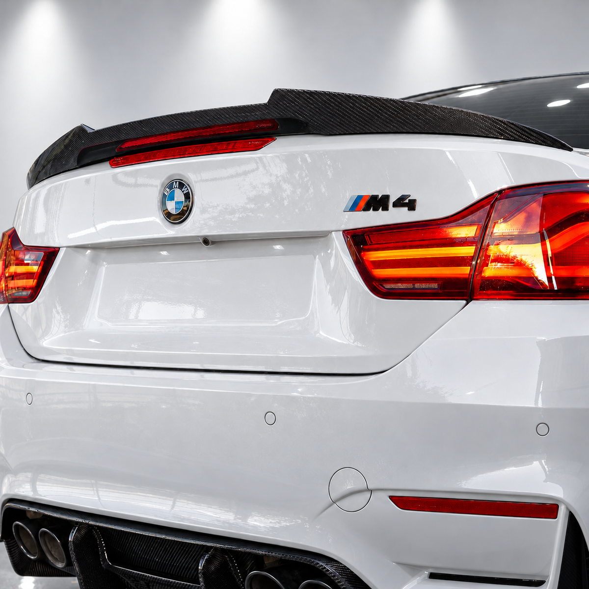 BMW M4 Dry Carbon Fibre Rear Spoiler F83 – V Style — real fitted-car reference, white paint and VMSS studio edit