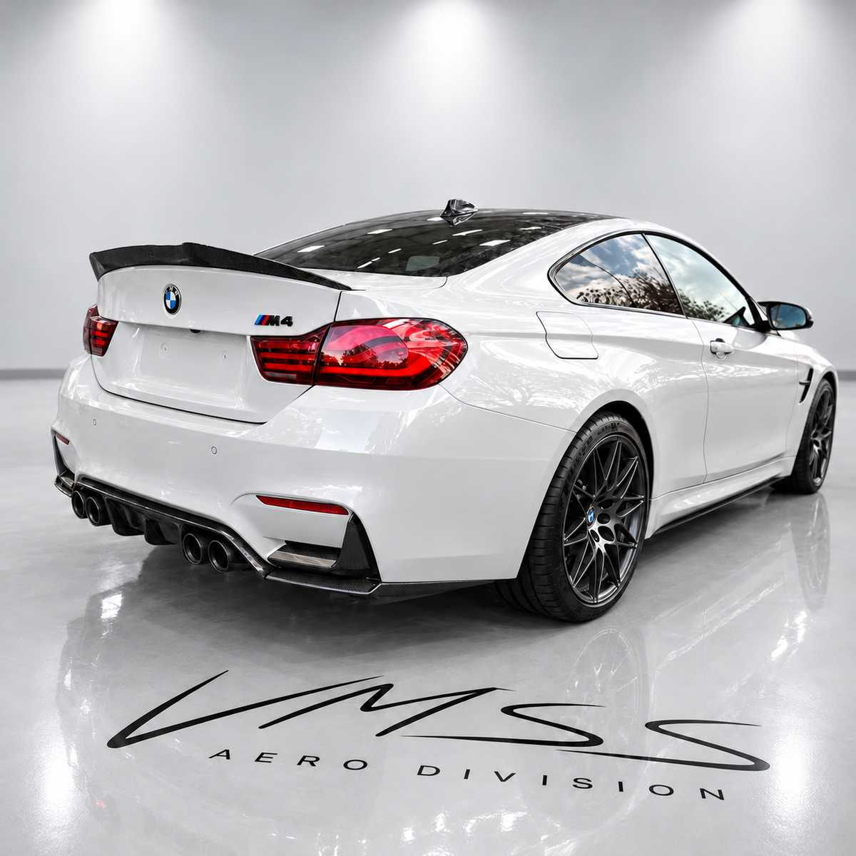 BMW M4 Dry Carbon Fibre Rear Spoiler F82 – V Style — real fitted-car reference, white paint and VMSS studio edit