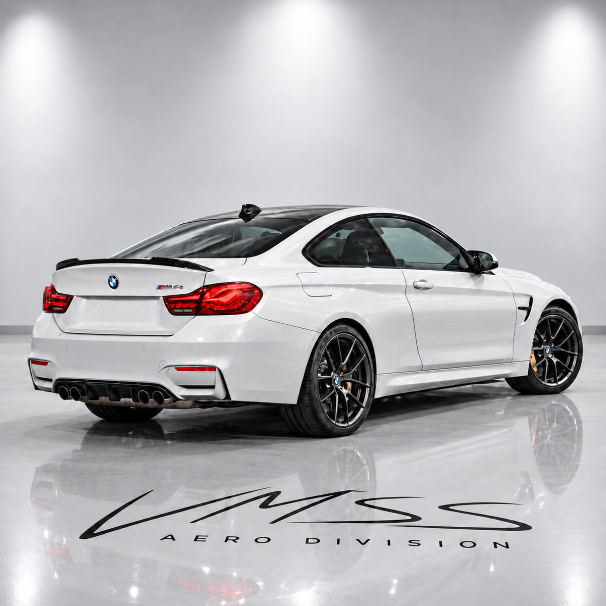 BMW M4 Dry Carbon Fibre Rear Spoiler F82 – CS Style — real fitted-car reference, white paint and VMSS studio edit