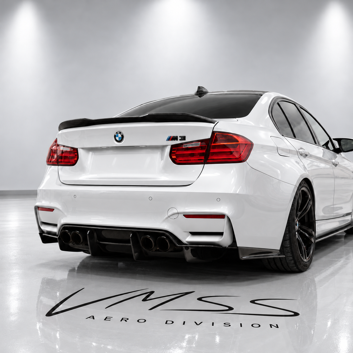 BMW M3 Dry Carbon Fibre Rear Spoiler F80 – OEM+ Style — real fitted-car reference, white paint and VMSS studio edit