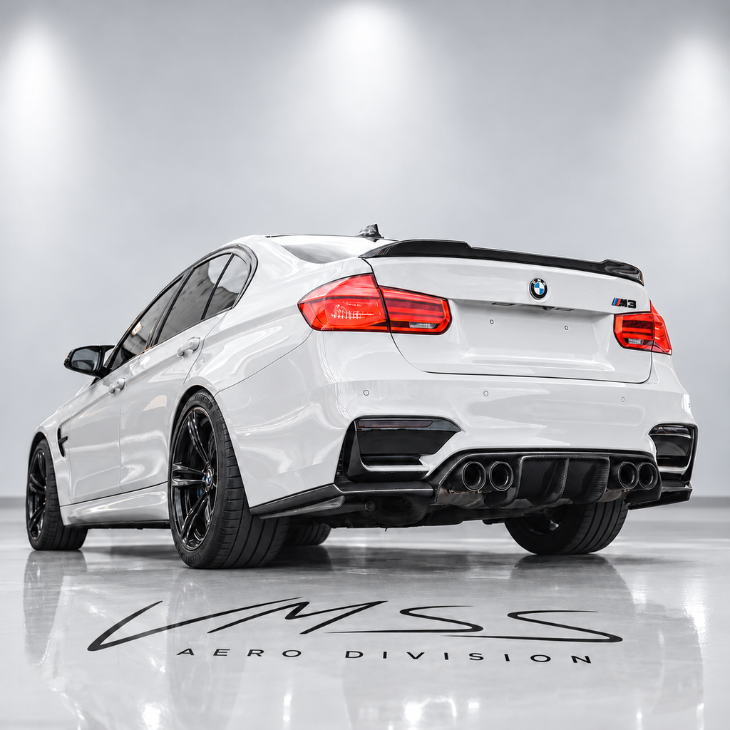 BMW M3 Dry Carbon Fibre Rear Diffuser F80 – Three-Piece V7 Style — real fitted-car reference, white paint and VMSS studio edit
