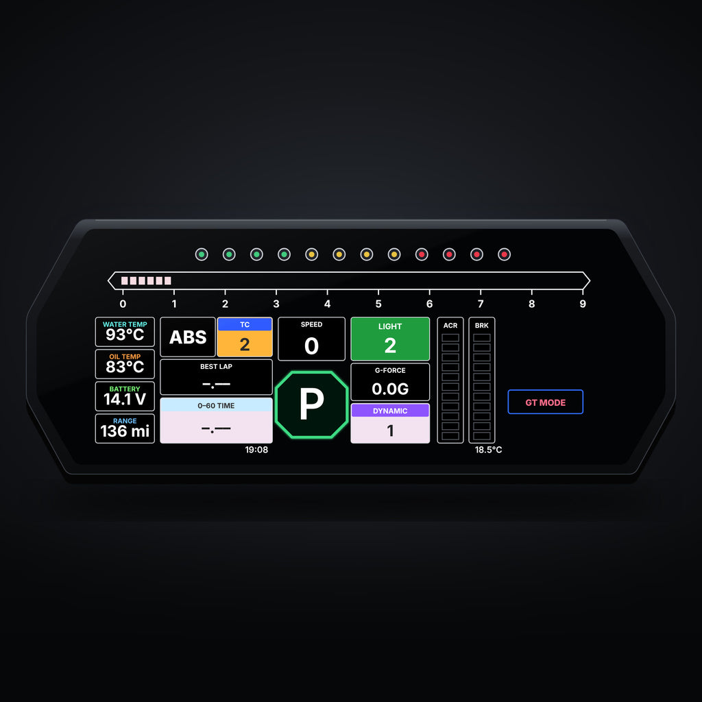 BMW M4 digital LCD cluster – Race Grid layout with shift lights, temperatures and G-force