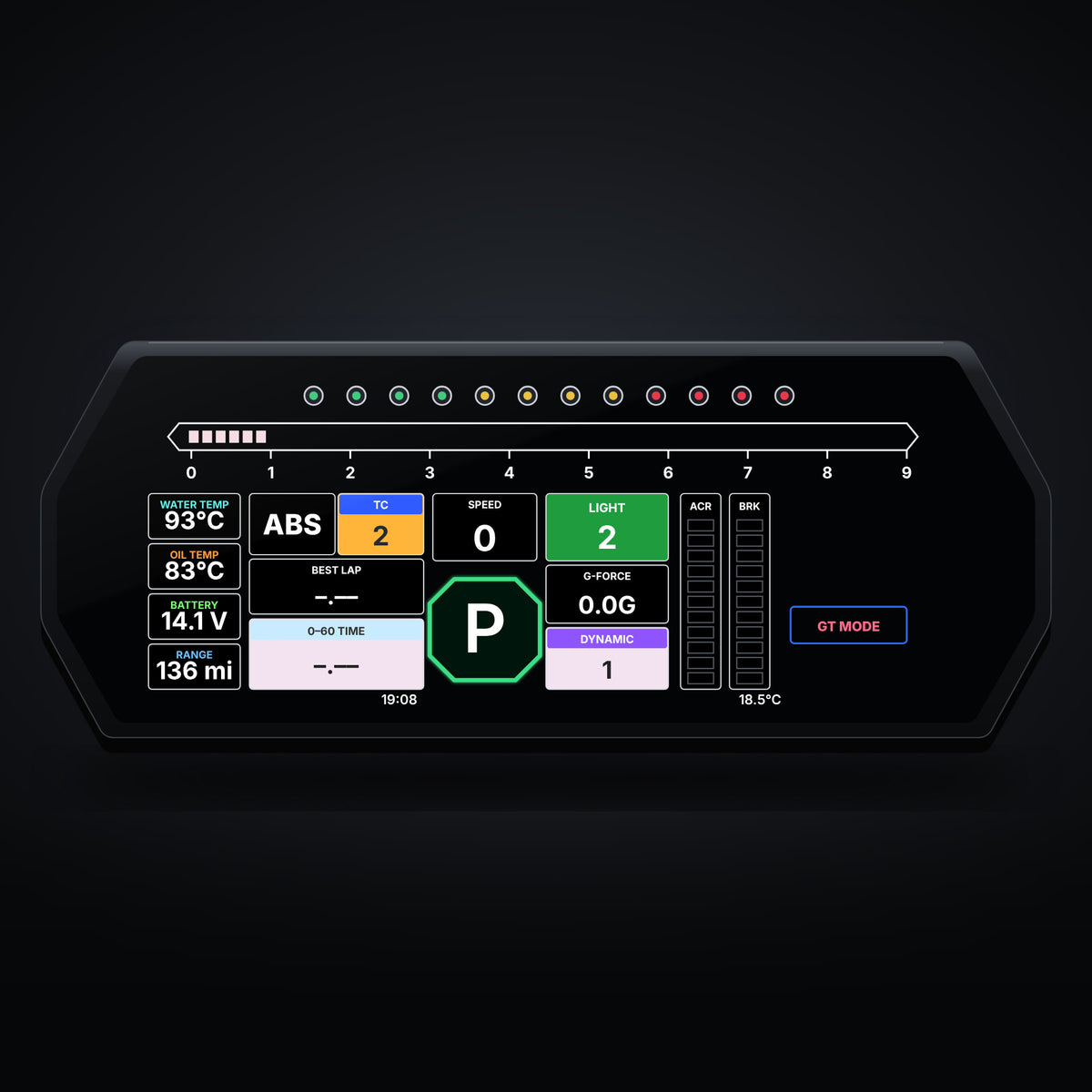 BMW M4 digital LCD cluster – Race Grid layout with shift lights, temperatures and G-force