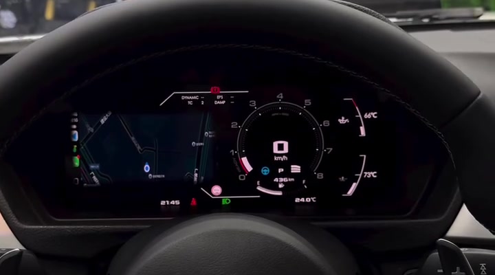 Actual HF Ultra digital dash demonstration showing split-screen navigation, rev counter and temperatures in a BMW