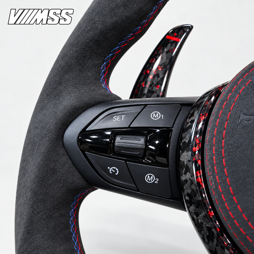 BMW F-Series Forged Carbon & Alcantara LED Steering Wheel — Buttons and visible paddle detail; VMSS studio close-up