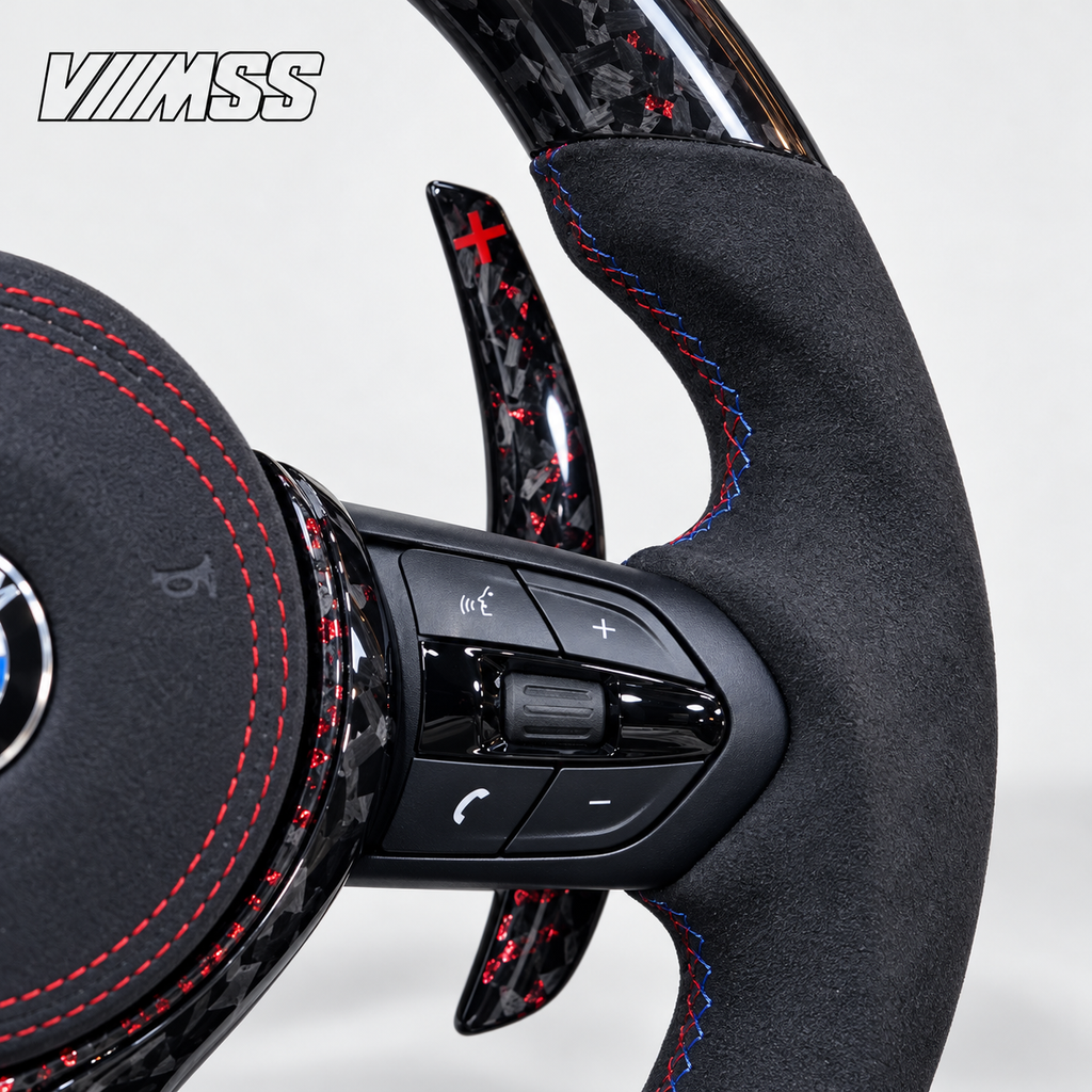 BMW F-Series Forged Carbon & Alcantara LED Steering Wheel — Grip, stitching and right control detail; VMSS studio close-up
