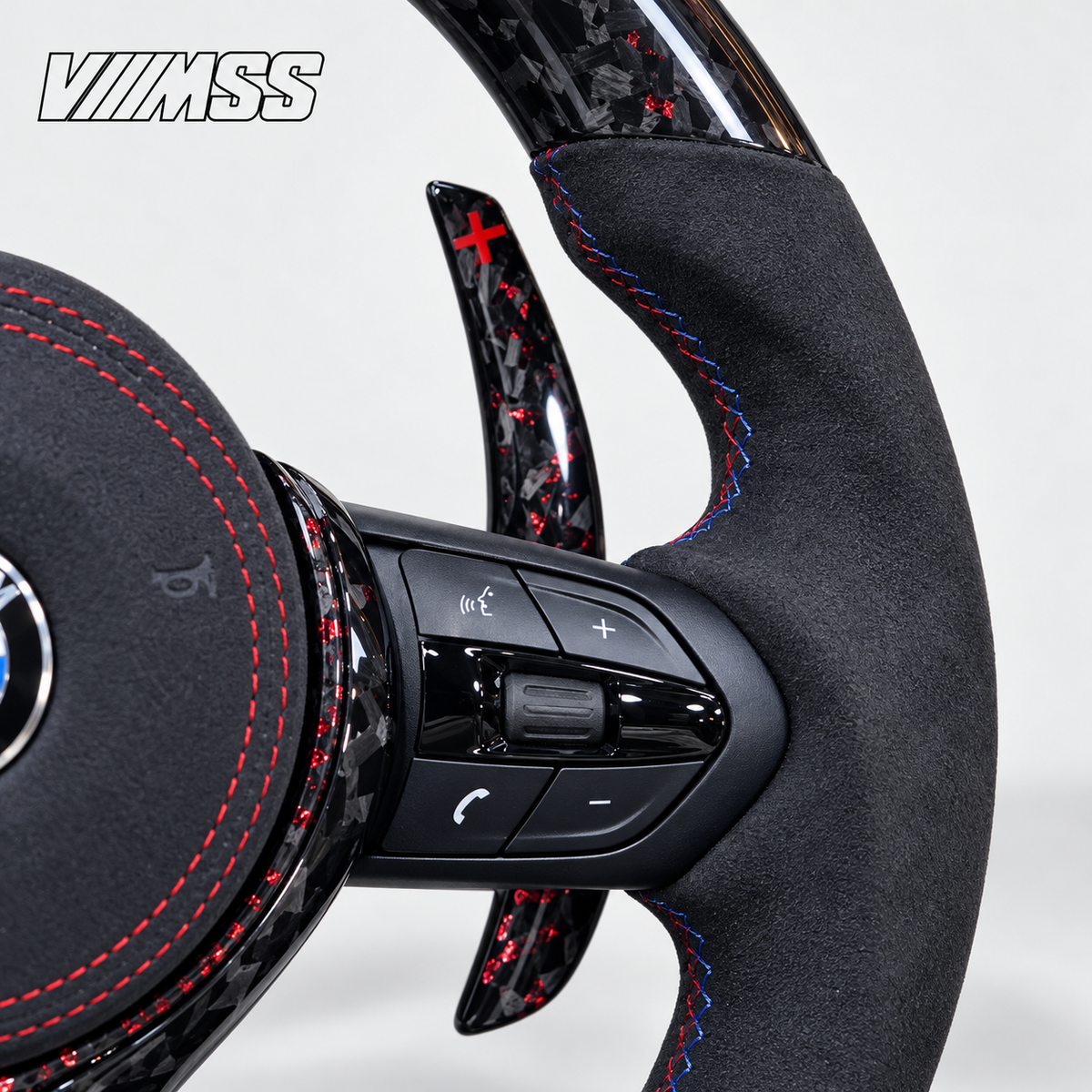 BMW F-Series Forged Carbon & Alcantara LED Steering Wheel — Grip, stitching and right control detail; VMSS studio close-up