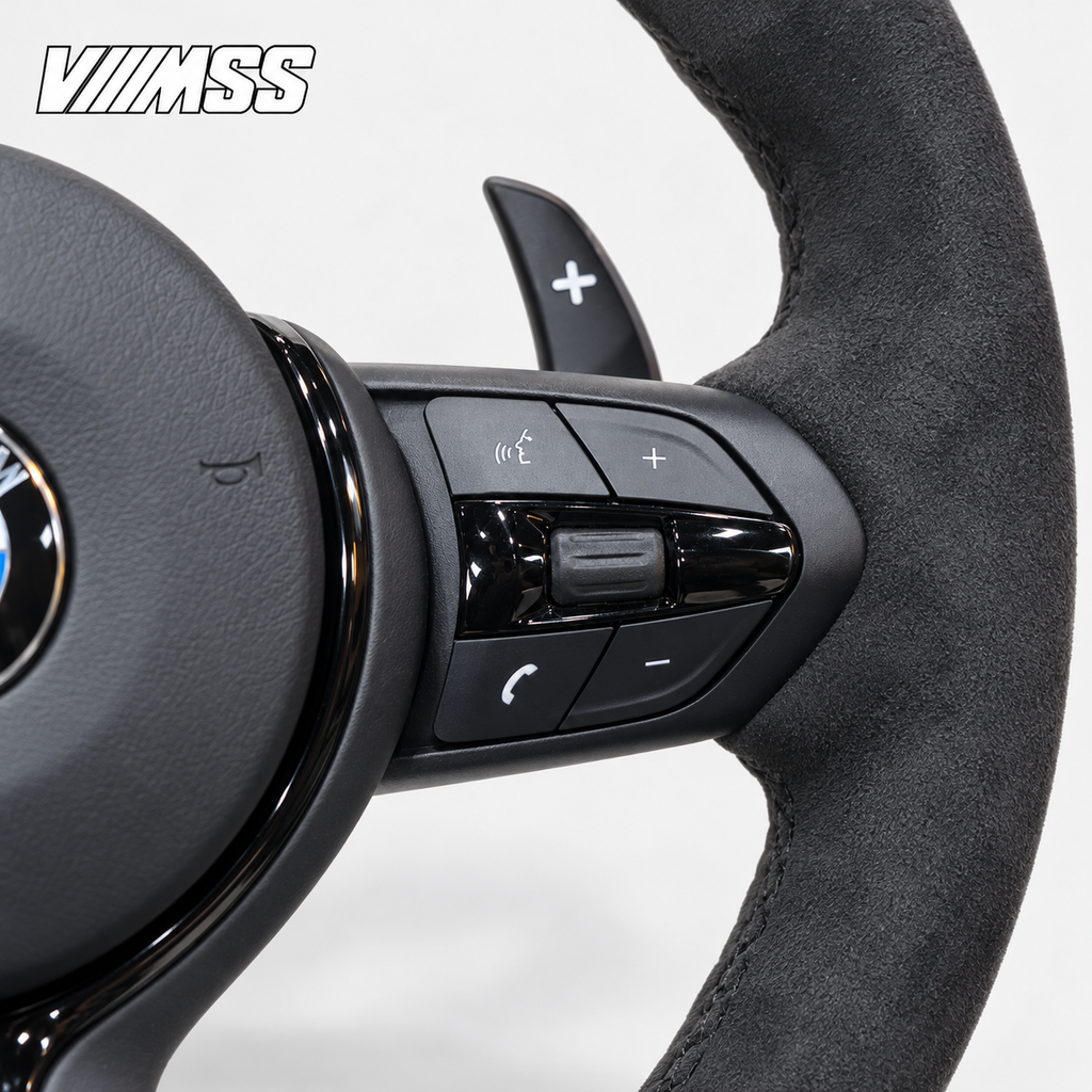BMW F-Series CS-Inspired Full Alcantara Steering Wheel — Grip, stitching and right control detail; VMSS studio close-up