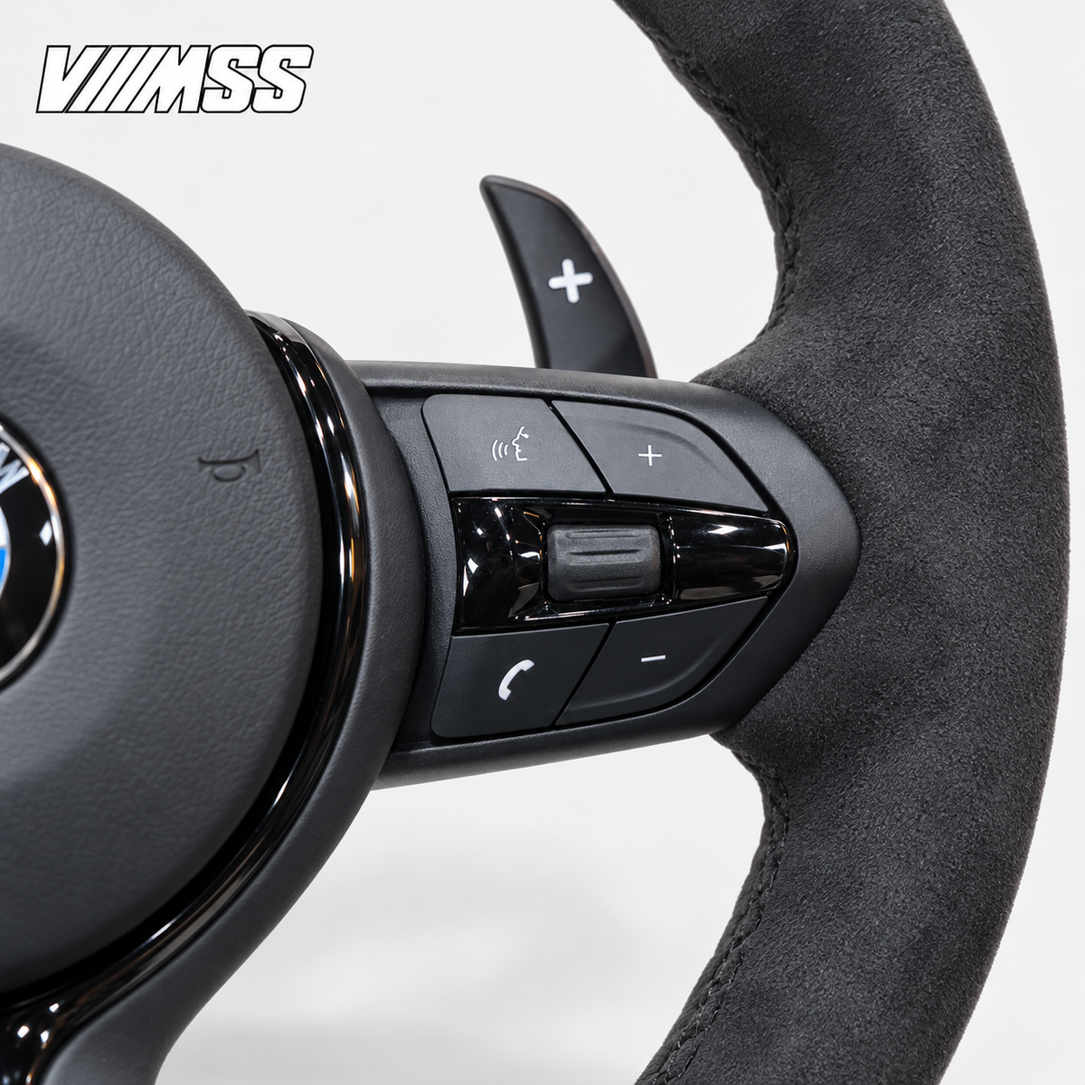 BMW F-Series CS-Inspired Full Alcantara Steering Wheel — Grip, stitching and right control detail; VMSS studio close-up