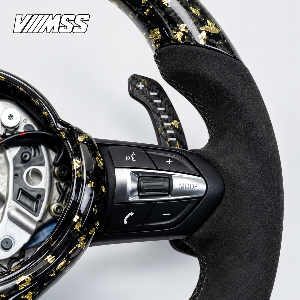 BMW F-Series Gold-Flake Forged Carbon & Alcantara LED Steering Wheel — Grip, stitching and right control detail; VMSS studio close-up