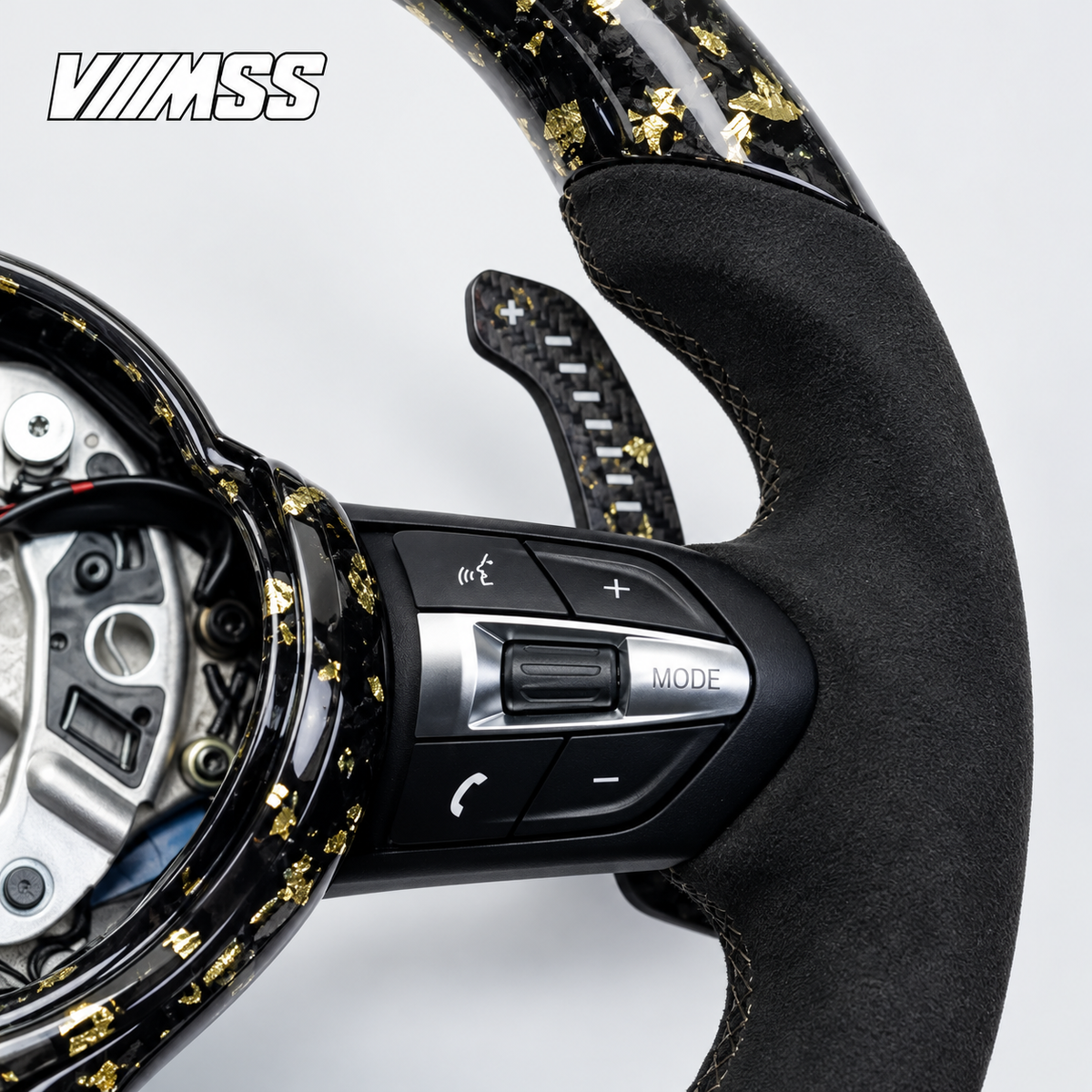 BMW F-Series Gold-Flake Forged Carbon & Alcantara LED Steering Wheel — Grip, stitching and right control detail; VMSS studio close-up