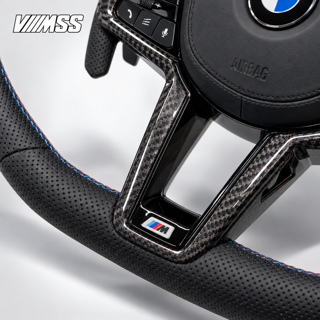 BMW G-Series Yellow-Stripe CS Perforated Leather Steering Wheel — Centre trim and lower rim detail; VMSS studio close-up