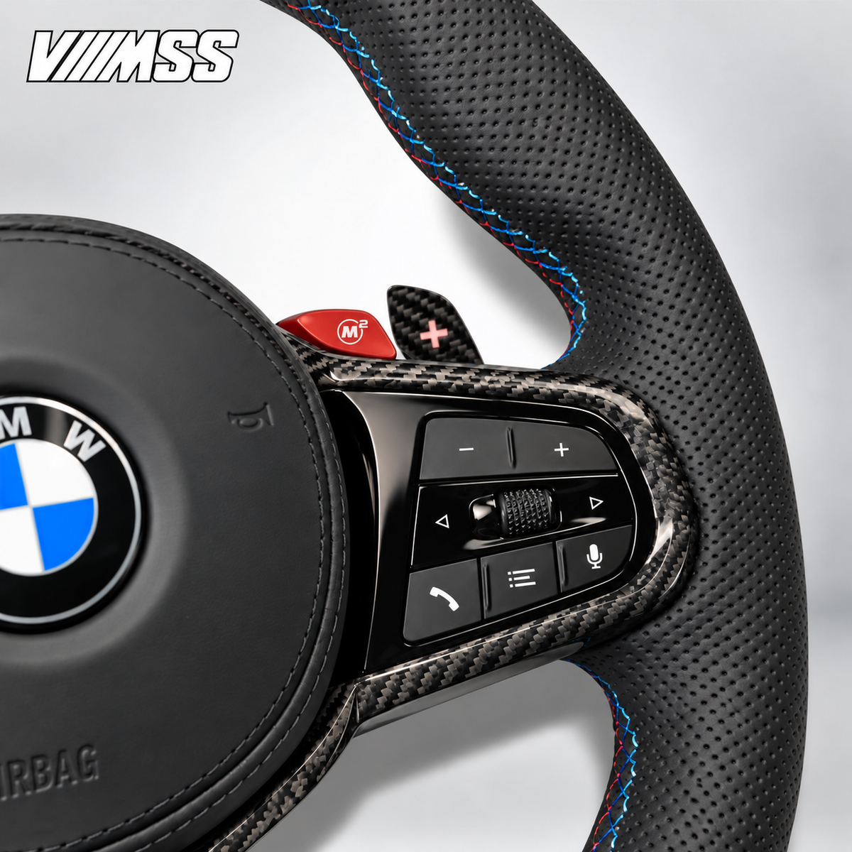 BMW G-Series Yellow-Stripe CS Perforated Leather Steering Wheel — Grip, stitching and right control detail; VMSS studio close-up