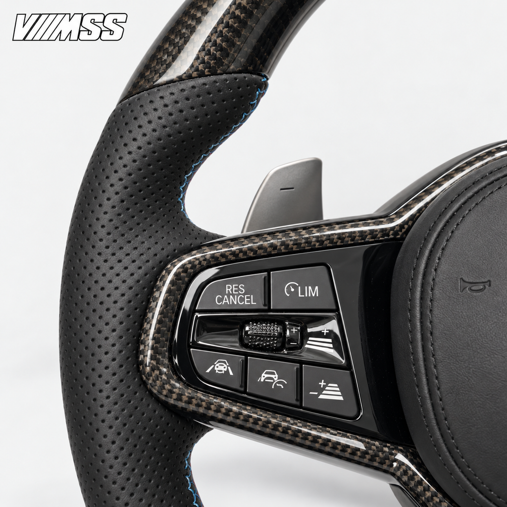 BMW G-Series CS-Style Carbon Fibre — M Stripe Steering Wheel — Buttons and visible paddle detail; VMSS studio close-up