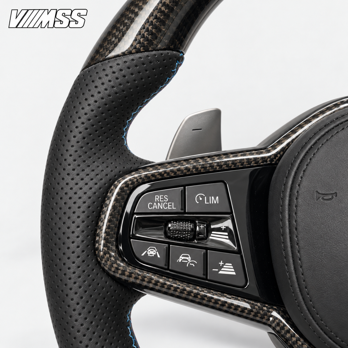 BMW G-Series CS-Style Carbon Fibre — M Stripe Steering Wheel — Buttons and visible paddle detail; VMSS studio close-up