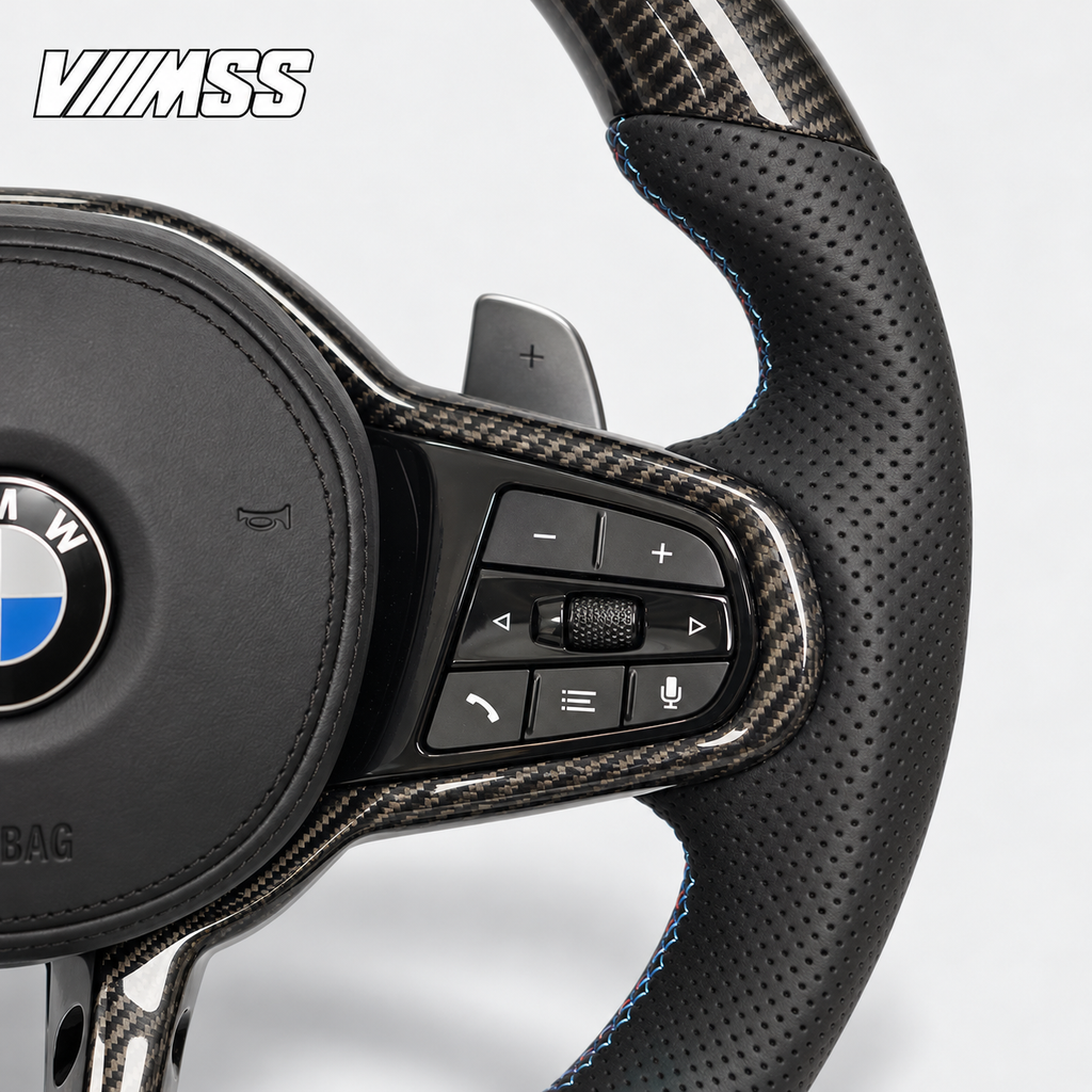 BMW G-Series CS-Style Carbon Fibre — M Stripe Steering Wheel — Grip, stitching and right control detail; VMSS studio close-up