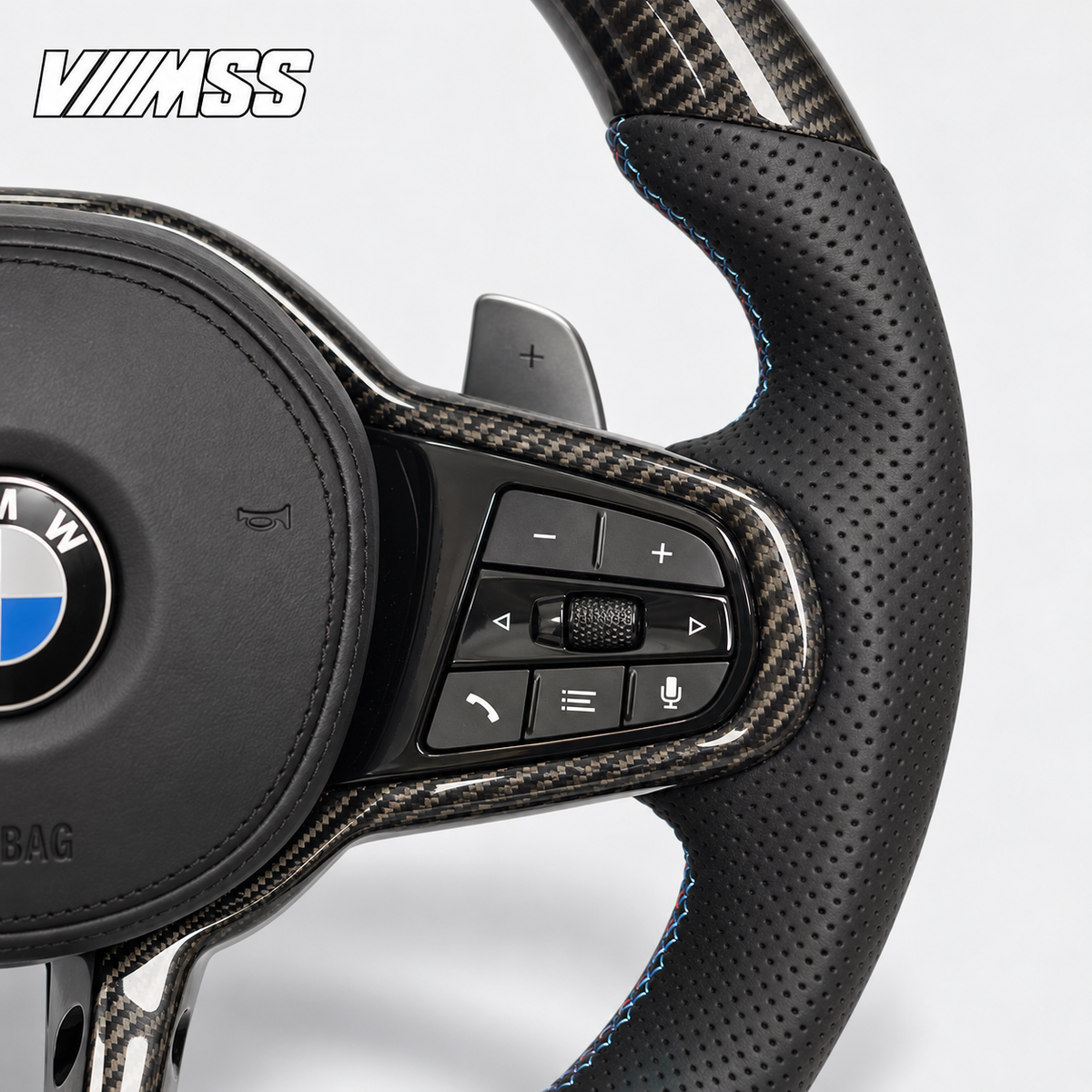 BMW G-Series CS-Style Carbon Fibre — M Stripe Steering Wheel — Grip, stitching and right control detail; VMSS studio close-up