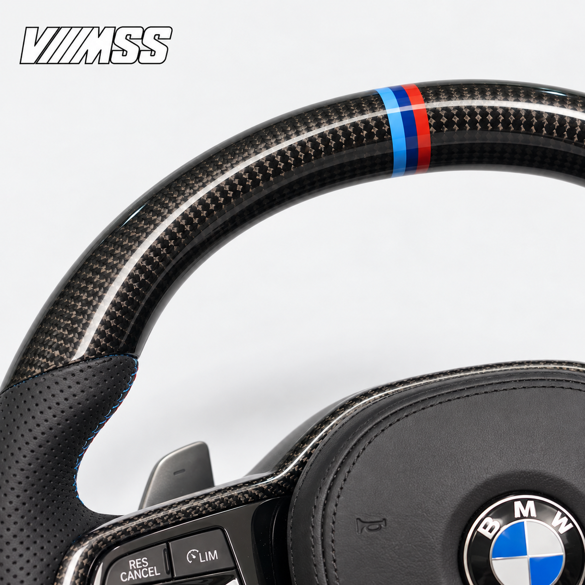 BMW G-Series CS-Style Carbon Fibre — M Stripe Steering Wheel — Upper rim and 12 o’clock detail; VMSS studio close-up
