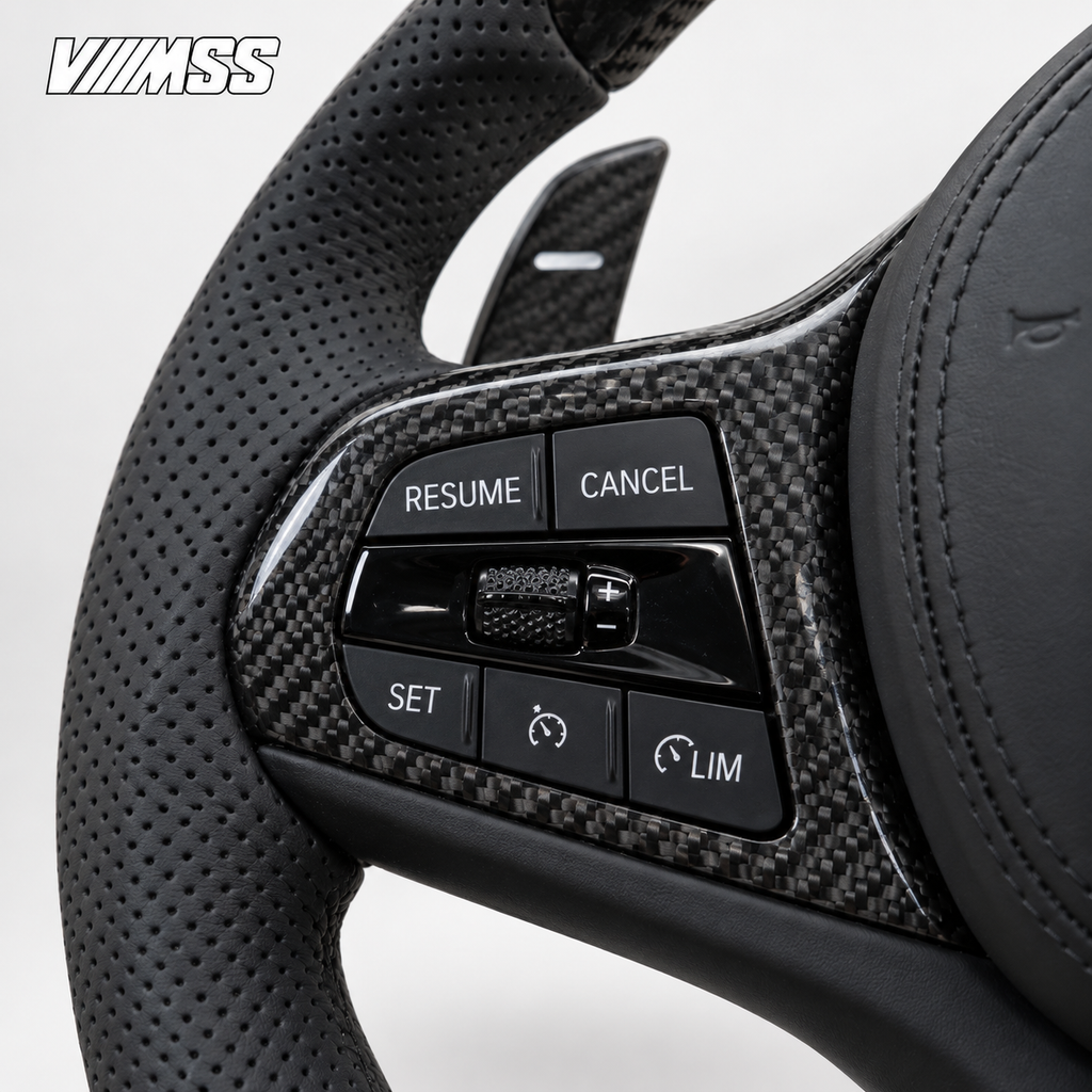 BMW G-Series Carbon Fibre & Perforated Leather Steering Wheel — Buttons and visible paddle detail; VMSS studio close-up